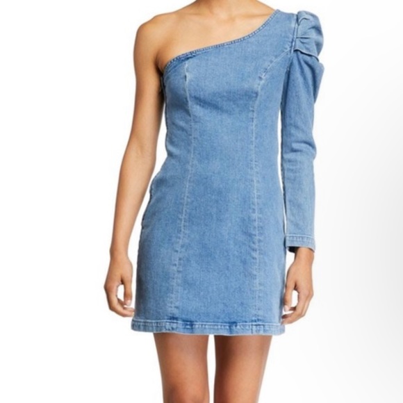 GRLFRND Ellie Puff-Sleeve One-Shoulder Denim Dress XS - Picture 13 of 14